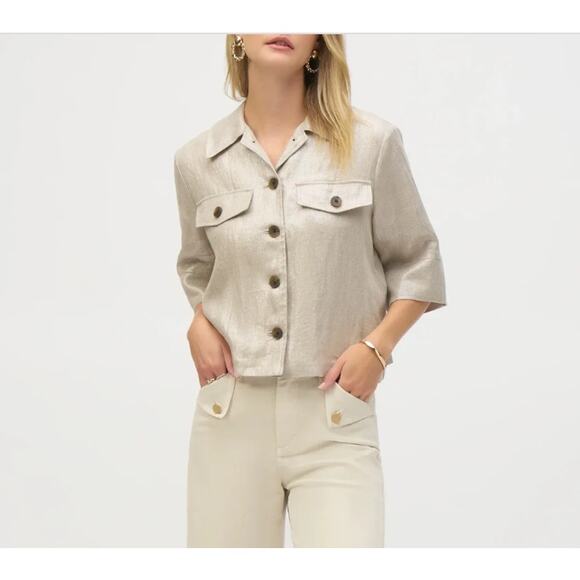NWT Joseph Ribkoff Foiled Linen Blend Short Sleeve Boxy Jacket Style 252921 Sz L - Picture 3 of 7